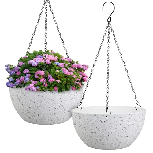 Meowell 12 inch Large Hanging Planters for Indoor Outdoor Plants, 2 Pack Hanging Flower Pots with Drainage Holes and Chain for Garden Porch, Plastic Hanging Baskets for House Plants, Speckled White