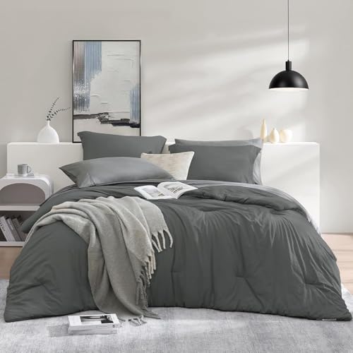 King Size Comforter Set- 7 Pieces Prewashed Bed in a Bag King Bedding Sets - Soft All Season Comforter with Sheets, Pillow Shams & Pillowcases,Grey