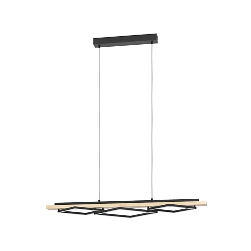 Eglo LED Pendant Lighting Boyal, 3-Light Hanging lamp for Dining Table, Ceiling Light Fitting Living Room, Light Wood and Black Metal, FSC Certified, Warm White