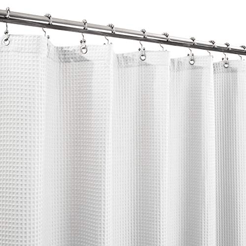Barossa Design Fabric Shower Curtain Cotton Blend 75 inch Long, Honeycomb Waffle Weave, Hotel Luxury, Heavy Weight, Spa, Washable, White, 72x75