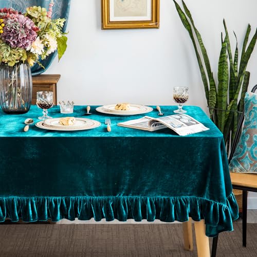 GLORY SEASON Velvet Tablecloth Luxurious Solid Rectangle Table Cloth,Oblong Retro Farmhouse Ruffle Tablecloths Washable Table Cover for Party Wedding Baby Shower Kitchen Dinning Tabletop Decoration