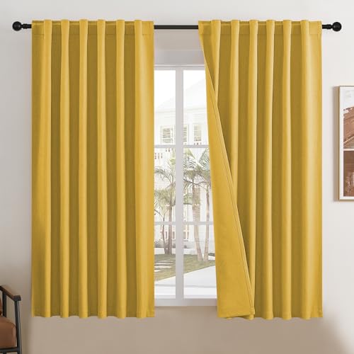 Full Black Out Curtains 72 Inch Long 2 Panels Blackout Linen Drapes for Bedroom Living Room Darkening Curtain Thermal Insulated Summer Heat Back tab Rod Pocket Pleated Drapes(50x72 Inch,Yellow)