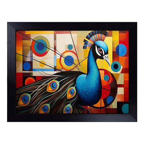 Lap Tray with Bean Bag Cushion, Peacock Constructivism - Handmade in the UK, Raised Wooden Edge, Padded Cushion, Heat-Resistant Wipe-Clean Surface, for Meals, Laptops and Crafts