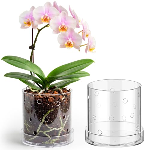 Yiyiring 7 Inch Clear Acrylic Orchid Planter Pot with Tray and Drainage Holes Planter Pot, Saucer for Bottom Watering Transparent Containers for Indoor Orchids Flower Home Decor