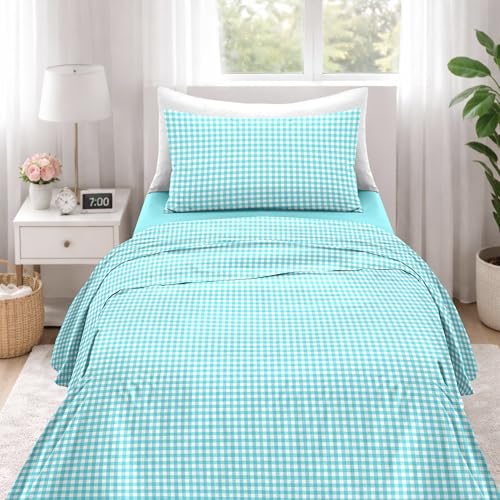 Ruggeri Complete Bedding Set for Single Bed, Microfibre, Blue Checks - High quality 1 pillowcase 50 x 80 cm + 1 fitted sheet 90 x 200 cm + 1 top sheet 63 x 290 cm Beat collection