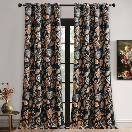 XiDi Vintage Floral Patterned Curtains Blackout 84 Inches Long 2 Panels for Bedroom Thermal Insulated Luxury Curtains with Botanical Leaf Printed Design Grommet Drapes Navy Blue52/108