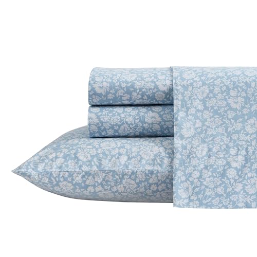 Laura Ashley - Full Sheets, Cotton Percale Bedding Set, Lightweight & Breathable Home Decor (Heirloom Ditzy Blue, Full)