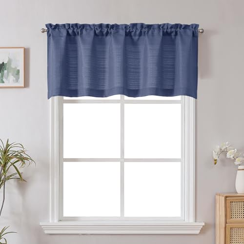 Chyhomenyc Blue Burlap Faux Linen Textured Semi Sheer Small Window Curtain, Rod Pocket Bathroom Window Curtains Laundry Basement Valance, 60Wx20L Inch, 1 Piece