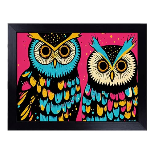 Lap Tray with Bean Bag Cushion, Painted Long Eared Owls Abstract - Handmade in the UK, Raised Wooden Edge, Padded Cushion, Heat-Resistant Wipe-Clean Surface, for Meals, Laptops and Crafts