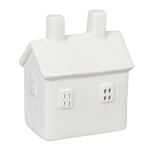 Relaxdays Tealight House Ceramic, Light through Windows, for 1 Candle, HxWxD: 12 x 10 x 6.5 cm, Table Decoration, White