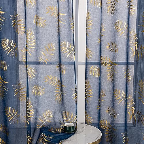 "Sutuo Home Navy Blue Sheer Curtains 96 Inches Long 2 Panels Set, Gold Foil Print Metallic Bronzing Tropical Leaves, Window Treatment Decor Drape Pair for Bedroom Living Room 52"" W x 96"" L"