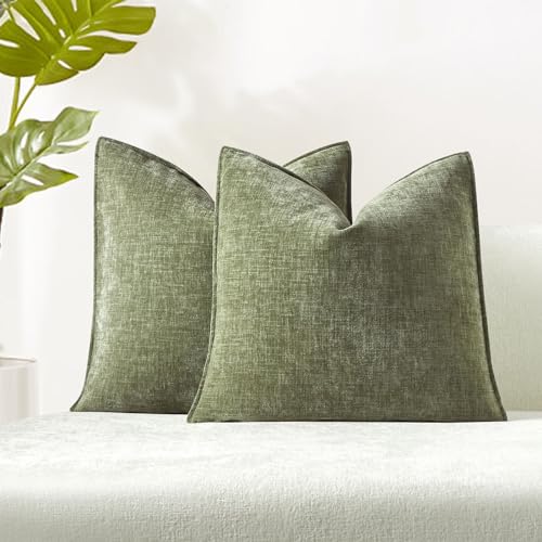 JUSPURBET 22x22 Chenille Decorative Throw Pillow Covers Set of 2,Sage - Decorative Chenille Texture Cushion Covers,for Couch Bed Sofa Living Room Bedroom,Luxury Modern Home Decor,Invisible Zipper