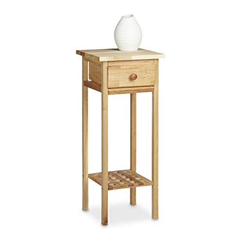 Relaxdays Walnut Telephone Side Table, 60 x 25 x 25 cm with Drawer, Console Table Wooden Plant Stand, Natural