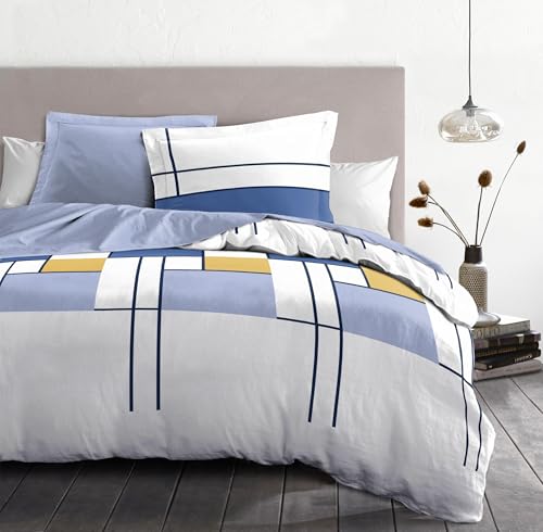 Duvet Cover Set 140 x 200 cm – 2 Pieces – Soft Cotton Percale – Cover + Pillowcase – White & Indigo Blue – The Intriguant Model