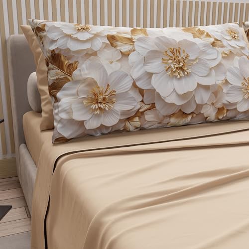PETTI Artigiani Italiani - Cotton Sheets with Pillowcases in Digital Print, Single Sheet, Complete Bed Set, Floral Pattern 33 Beige, 100% Made in Italy