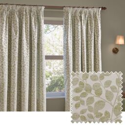 furn. Wylder Grace Leaf Pencil Pleat Curtain Pair – Matt Satin Jacquard Room Darkening Curtains (Sage – Width 168 x Drop 183cm)