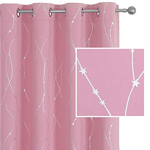 SMILE WEAVER Pink Blackout Curtains for Living Room 54 inch Length 2 Panels,Room Darkening Girls Bedroom Curtains,Silver Printed Design Soft Thick Thermal Insulated Grommet Window Drapes
