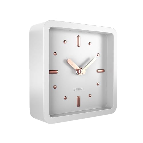 Driini Modern Mid Century Desk & Shelf Clock (White Rose Gold) - Small Battery Operated and Silent Analog Tabletop Clocks for Living Room Decor – Ideal for Mantle, Office Table, Desktop or Nightstand