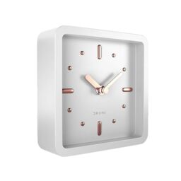 Driini Modern Mid Century Desk & Shelf Clock (White Rose Gold) - Small Battery Operated and Silent Analog Tabletop Clocks for Living Room Decor – Ideal for Mantle, Office Table, Desktop or Nightstand
