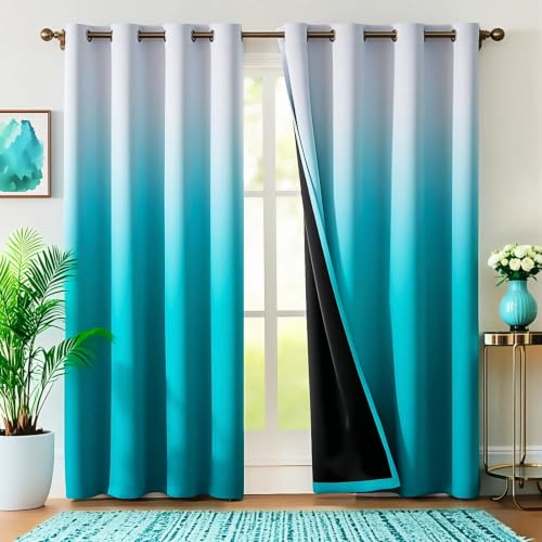 WUBODTI Teal Curtains Drapes 84 Inch Length 2 Panels for Bedroom, Turquoise and White Ombre Curtain Panels Kids Room Decor Privacy Gradient Aqua Semi Blackout Curtains for Girls Room Living Room