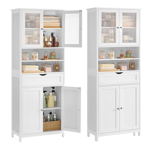 VASAGLE Storage Cabinet, Freestanding Bathroom Storage Unit with Adjustable Shelves, Drawer, Open Compartments, for Bathroom, Living Room, Kitchen, Cloud White BBC768W01