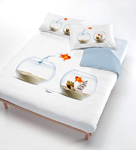 Italian Bed Linen Digital Duvet Cover Set (Bag Sheet 250x200cm + 2 Pillowcases 52x82cm),Fish Tank, DOUBLE
