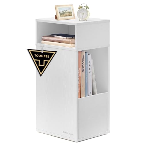 SONGMICS HOME Slim Bedside Table, Superfast Toolless Assembly, Narrow Storage Side Table with 2 Open Compartments & 1 Drawer, Small Bed Side Cabinet for Bedroom, 30 x 25 x 59.4 cm, White LET911WE01