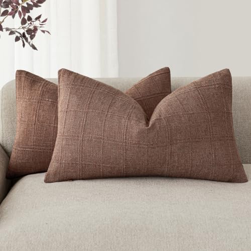 Foindtower Set of 2 Decorative Linen Check Throw Pillow Covers Neutral Farmhouse Lumbar Cushion Covers Modern Boho Home Decor for Sofa Chair Couch Bedroom Living Room Outdoor,12??20 Inch,Autumnal Red