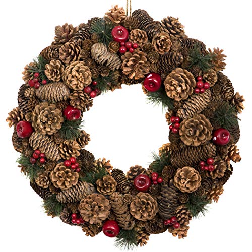 GreenBrokers Christmas Hanging Wreath 48cm - Festive Pine Cone Display with Red Berries