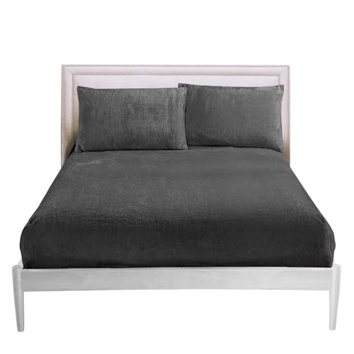 GC GAVENO CAVAILIA 25cm Deep Fleece Fitted Sheet Super King - Soft 100% Polyester Teddy Bear Bedding - Warm & Cozy Elastic Corner Bottom Sheets Charcoal - Fluffy Super King-Size Bed Sheet, 182x203cm