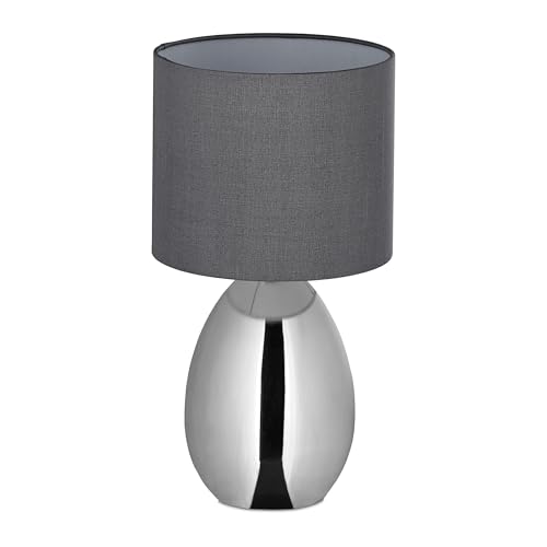 Relaxdays Table Lamp, Metal Base, Fabric Lampshade E14, H x D: 33.5 x 18 cm, Bedside Lamp with Cable, for Bedroom, Silver/Grey
