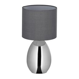 Relaxdays Table Lamp, Metal Base, Fabric Lampshade E14, H x D: 33.5 x 18 cm, Bedside Lamp with Cable, for Bedroom, Silver/Grey
