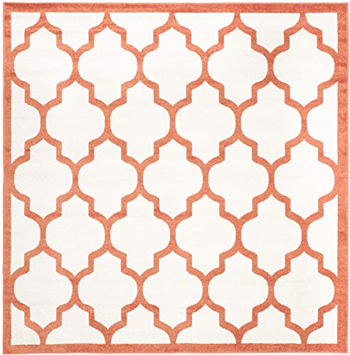 Safavieh Trellis Indoor/Outdoor Woven Square Area Rug, Amherst Collection, AMT420, in Beige / Orange, 213 X 213 cm for Garden, Patio or Any Outdoor Space
