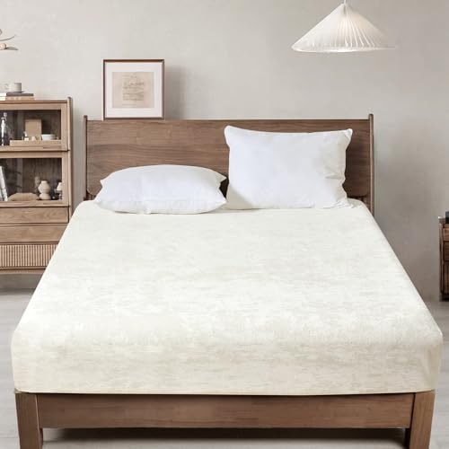 "PHF Truly Velvet Fitted Sheet Only Queen Size, Luxury Super Soft Cozy Fuzzy Fleece Bottom Sheet, Deep Pocket Up to 16"",Strenghth Elastic Band, Suitable for Fall Winter Spring,No Pillowcases,Snow White"