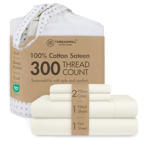 "Threadmill 300 Thread Count Cotton Queen Sheet Set, Sateen, Solid, White - 100% Cotton, Sateen Weave, 4-Piece Set, 16"" Deep Pocket, All-Around Elastic, Cooling, Breathable, OEKO-TEX Certified"