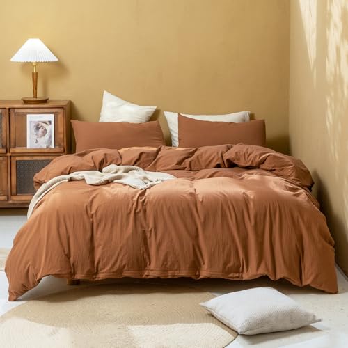 FOSSA Duvet Cover Set 100% Washed Cotton Linen Feel King - Super Soft Breathable Lightweight & All Season Bedding Set with Hidden Zipper & 8 Corner Ties (Dark Pumpkin)
