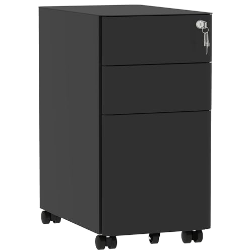 DWVO 3 Lockable Drawers Metal File Cabinet, Mobile Filing Cabinet for Home Office, Under Desk File Office Drawers for Letter/Legal/A4, Fully Assembled, Black