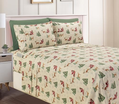 Elegant Comfort Luxury Soft Bed Sheets Holiday Pattern 1500 Premium Hotel Quality Microfiber-Softness Wrinkle and Fade Resistant (4-Piece) Bedding Set, Twin, Santa Moose