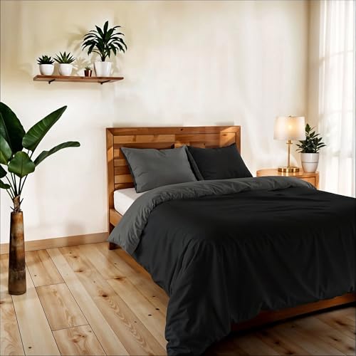 Vera Single and Half Duvet Cover Plain Double Face with Duvet Cover 200 x 200 cm with Envelope 20 x 50 cm + 2 Pillowcases 50 x 80 cm Black/Smoke Grey