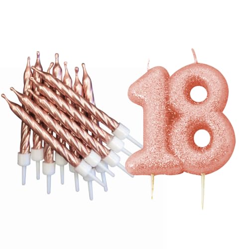 18th Birthday Rose Gold Candle Kit, Glitter Number 18 Cake Topper Candle and Rose Gold Candles, Birthday Cake Decoration