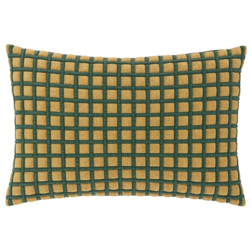 furn. Softie Grid Feather Filled Cushion (Green - 40x60cm) - Bold Checkered Quilted Textured Plain Reverse Playful Decorative Pillow