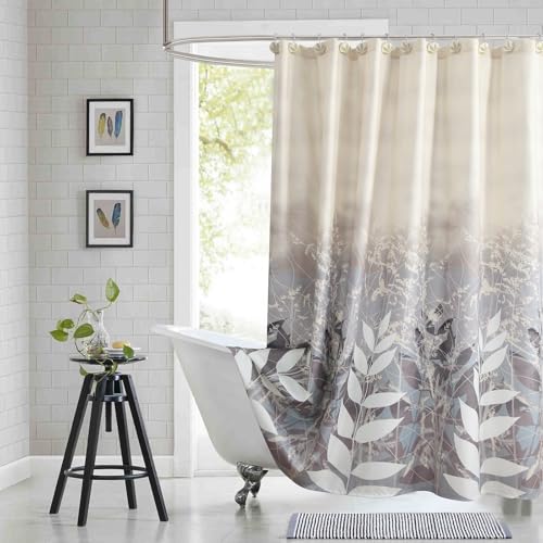 BESTRIPES Shower Curtain 72x72 Inch, Polyester Fabric - Waterproof Botanical Design with Cream & Taupe-Grey Leaves