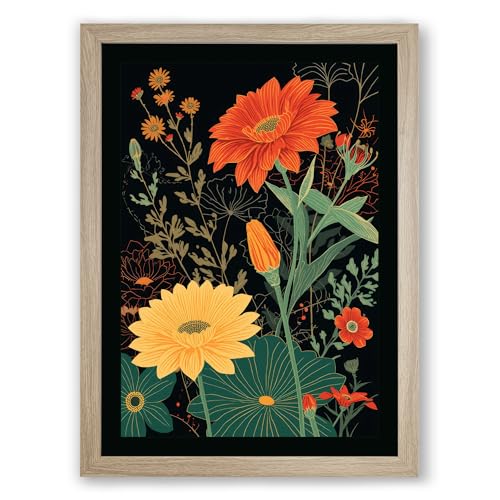 Gerbera Arrangement Botanical Framed Wall Art Print A3 (42×29.7cm) Oak, Wall Decor for Living Room, Bedroom, Office & Home, Ready to Hang, Art Gift