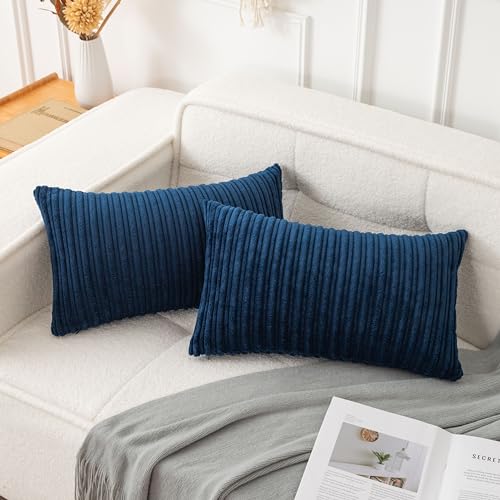 "UGS UGASA Pack of 2, Velvet Pillow Covers Striped, Soft Textured Throw Cushion Case Set, Accent Corduroy Lumbar Pillowcases with Hidden Zipper for Home Decor Indoor Outdoor (12""x20"", Navy Blue)"
