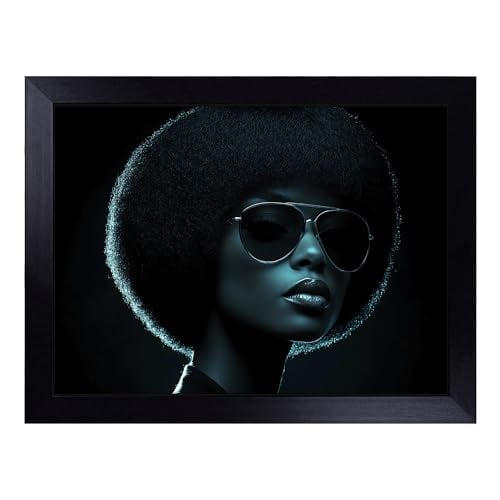 Lap Tray with Bean Bag Cushion, Woman With Afro Composition - Handmade in the UK, Raised Wooden Edge, Padded Cushion, Heat-Resistant Wipe-Clean Surface, for Meals, Laptops and Crafts
