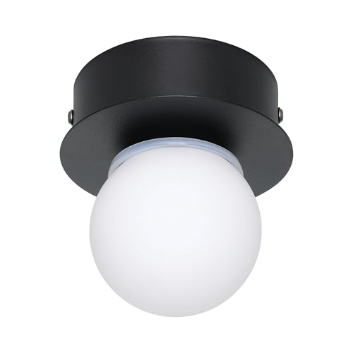 Eglo LED Ceiling Light Fitting Mosiano, Small Ceiling lamp in Globe Shape, Bathroom Lighting Made of Metal in Black and Glass in White, Warm White, IP44, ∅ 11 cm
