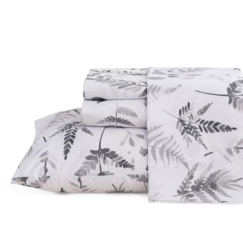 JSD Boho Floral Duvet Cover Set Queen Size 4 Pieces Herb Ferns Printed Microfiber Deep Pockets Grey