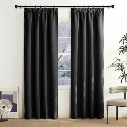 NICETOWN Blackout Curtains, Black Curtains, 200 cm Long, Opaque Curtain, Ruffle Tape, Living Room, Blackout Curtain Rail, Thermal Curtain, Heat Protection, Set of 2, 200 x 140 cm (H x W)