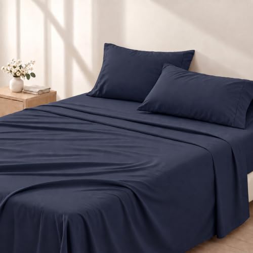 Cathay Home Essentials Ultra Soft Hypoallergenic Wrinkle Resistant Double Brushed Microfiber Bedding Sheet Set, Navy, King