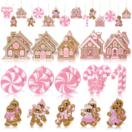Vertintong 30 Pcs Pink Christmas Gingerbread Hanging Ornaments Pastel Gingerbread Ornaments Candy and House Soft PVC Christmas Tree Wall Hanging Decoration for Xmas Party Office Home Decor Winter